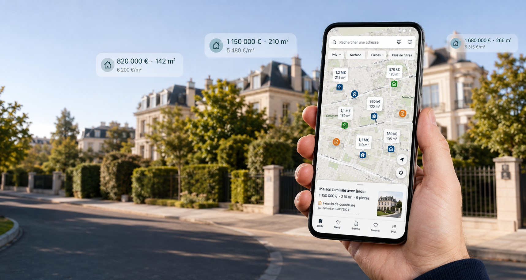 Main tenant un téléphone affichant Mapici devant des maisons avec bulles de prix immobilier et surfaces